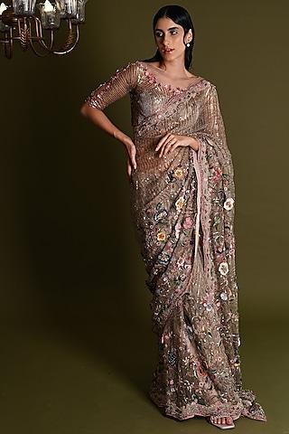off-white viscose & silk floral embroidered saree set