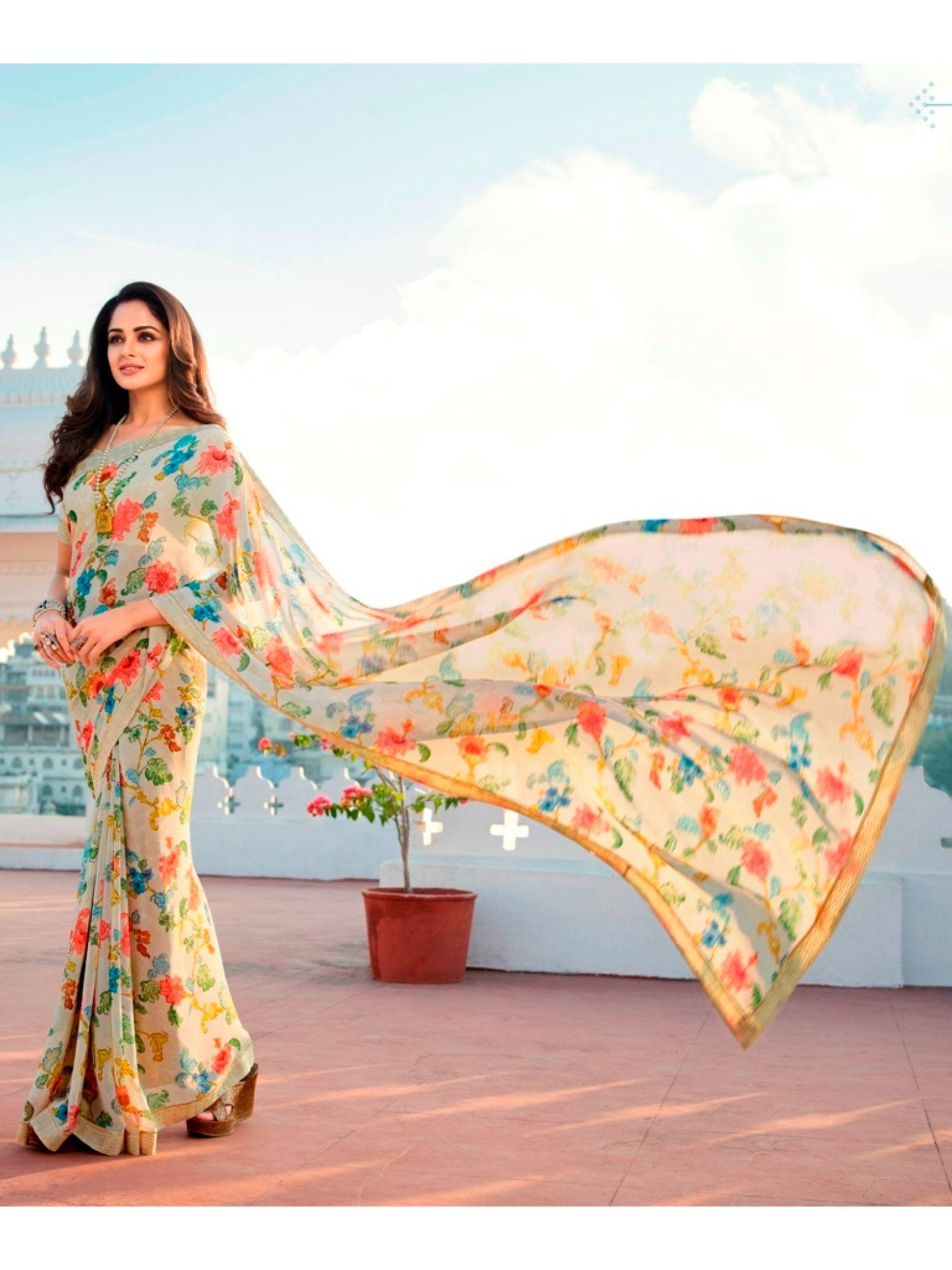 off white weightless georgette printed saree & mono banglory with unstitched blouse