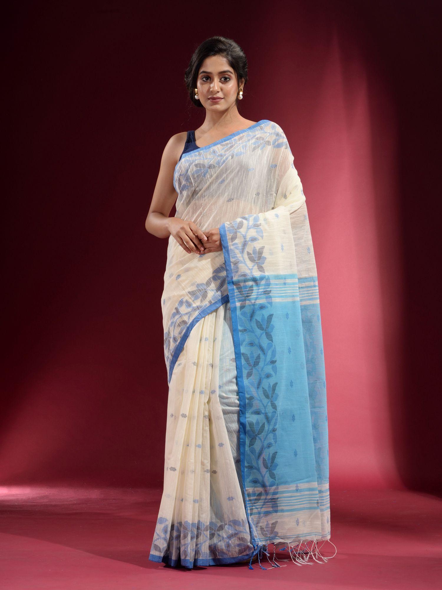 off white with floral border and contrast pallu saree with unstitched blouse