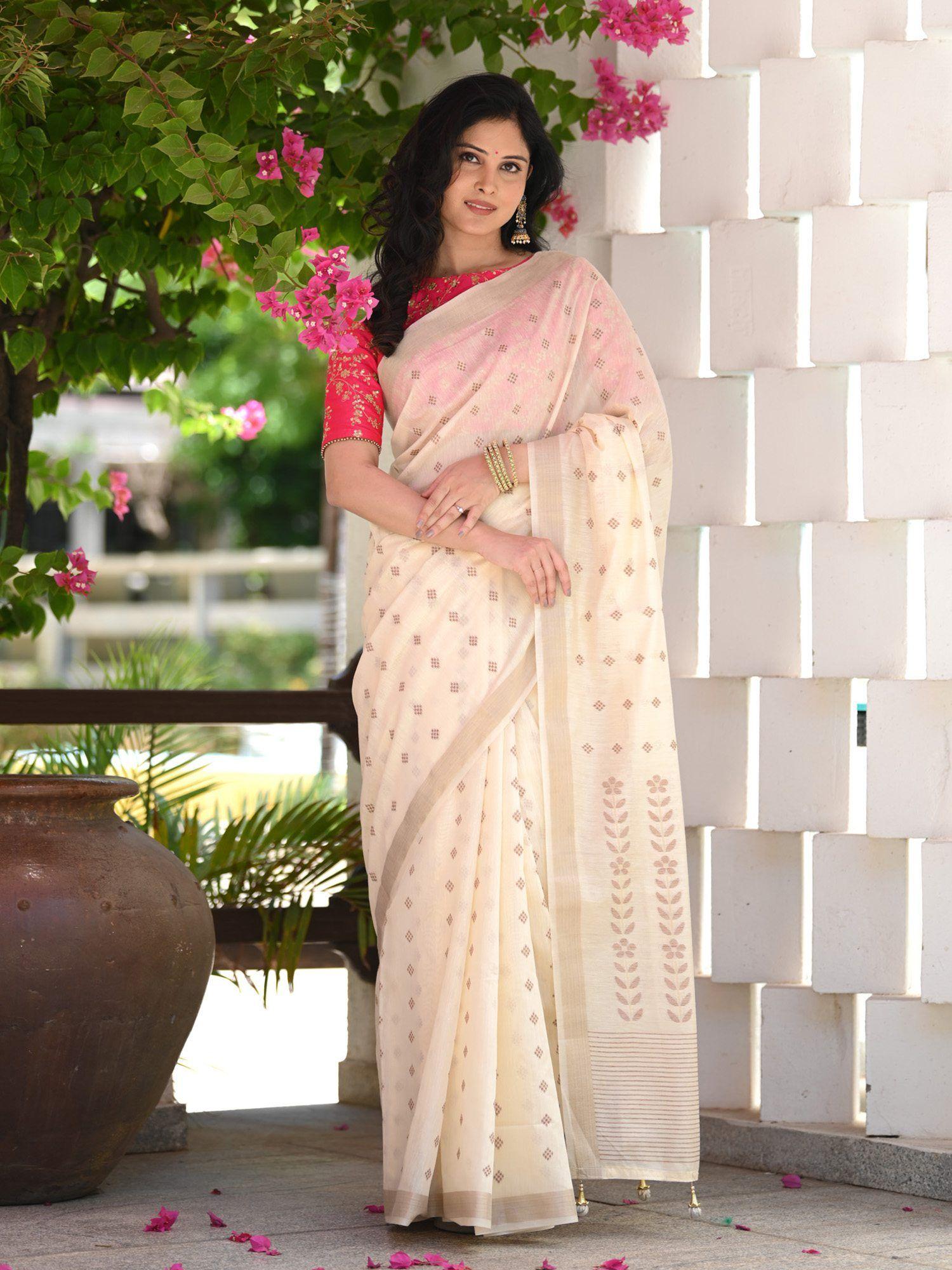 off white woven saree with unstitched blouse