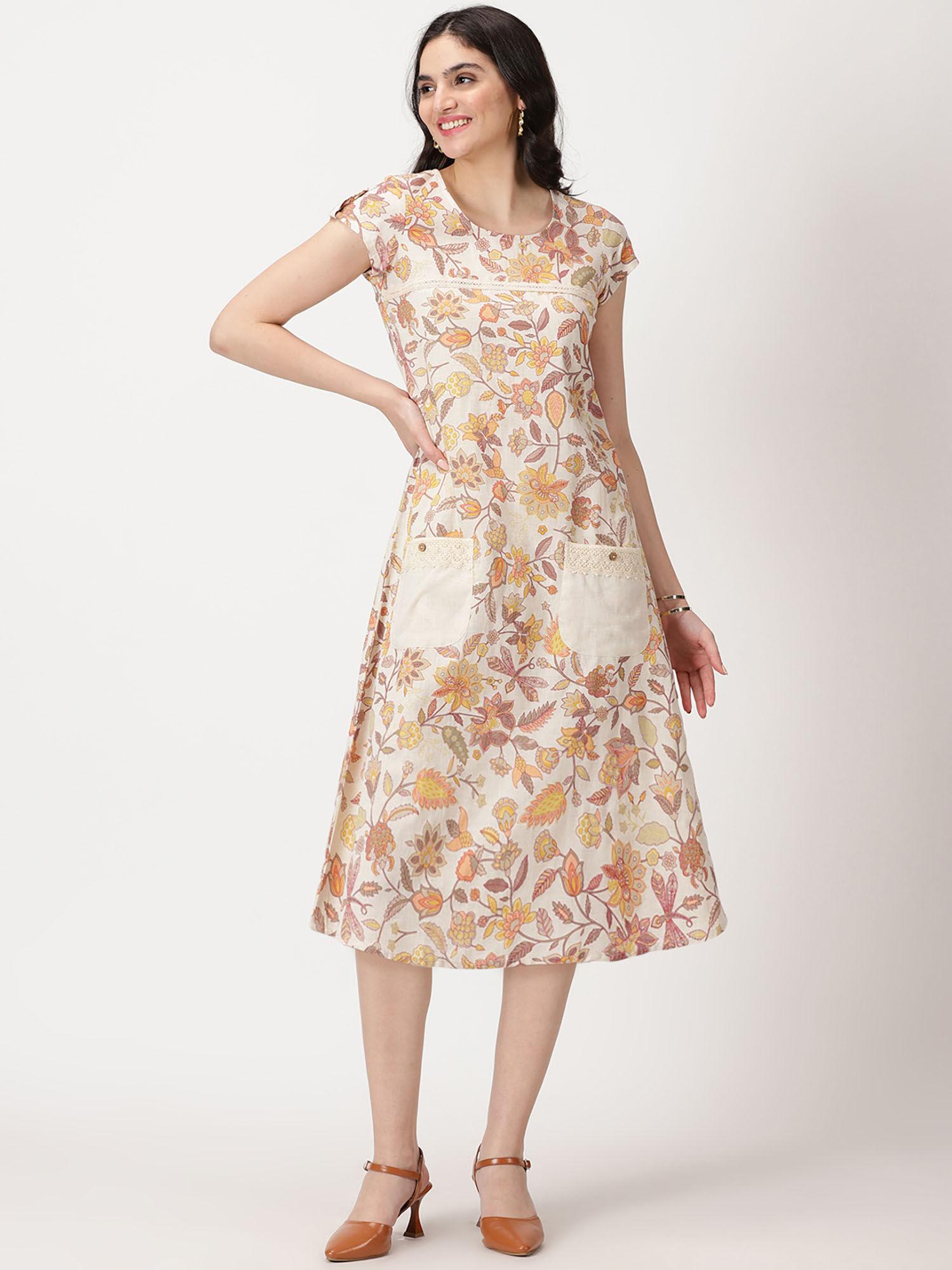 off white yellow ethnic floral print midi dress with pockets