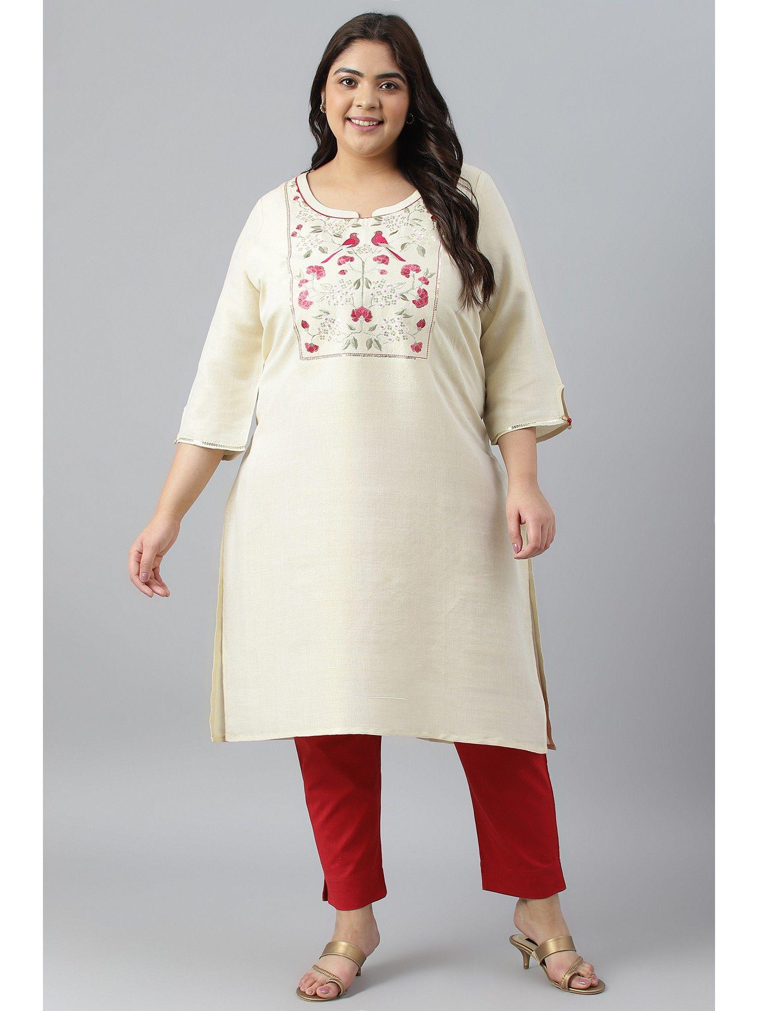 off white zari embroidered cotton dobby plus size kurta