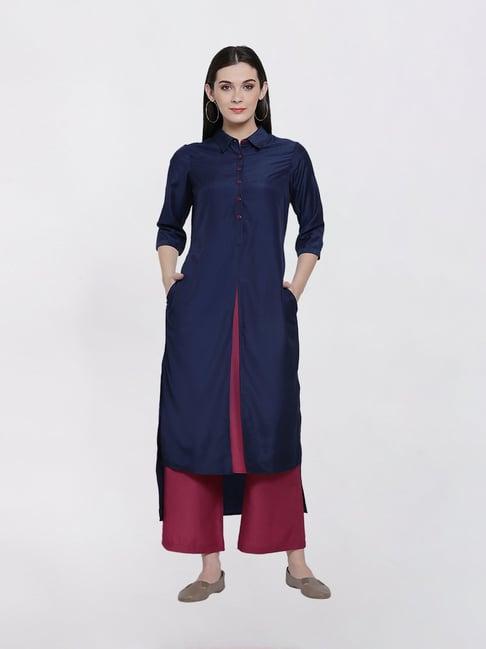 office & you blue & pink double layer asymmetrical long kurti with slit