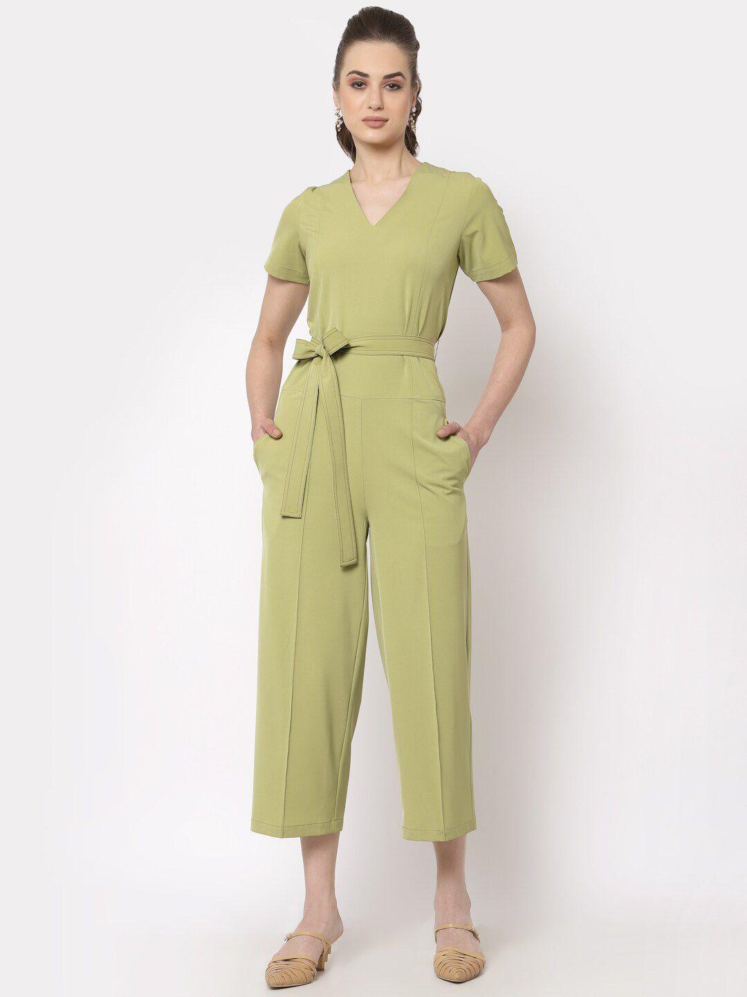 office & you olive green solid basic jumpsuit