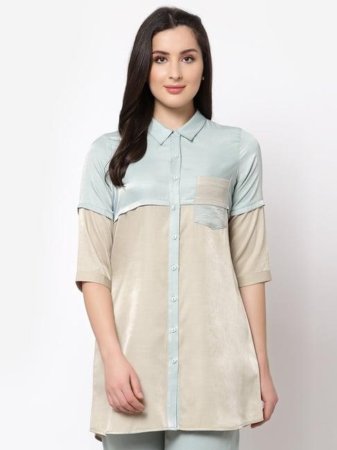 office & you beige & blue shirt collar tunic