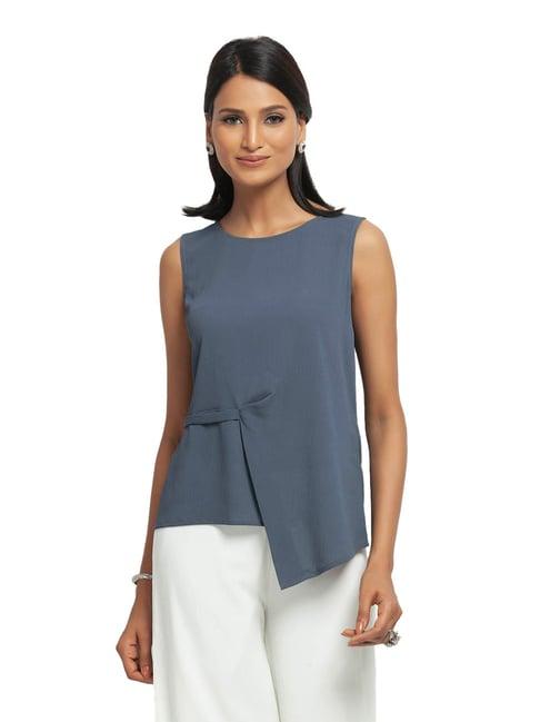office & you blue straight fit top with drape at waist
