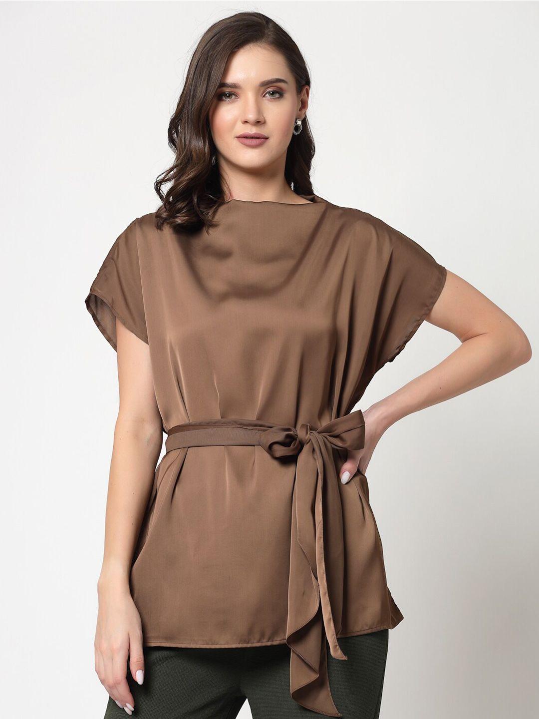 office & you boat neck extended sleeves longline belted satin top