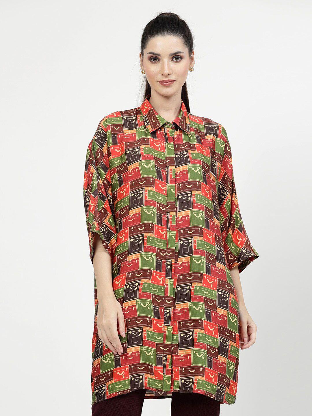 office & you classic oversized graphic printed modal satin longline casual shirt
