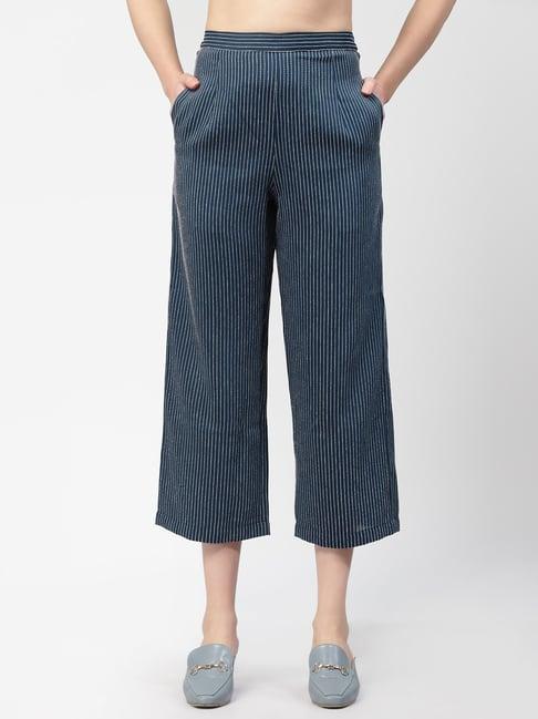 office & you dark blue striped relaxed fit mid rise trousers