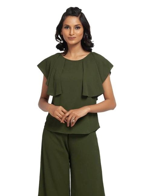 office & you green straight fit top with drape shoulder