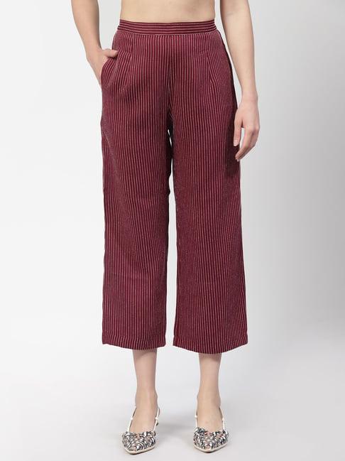 office & you maroon striped relaxed fit mid rise trousers