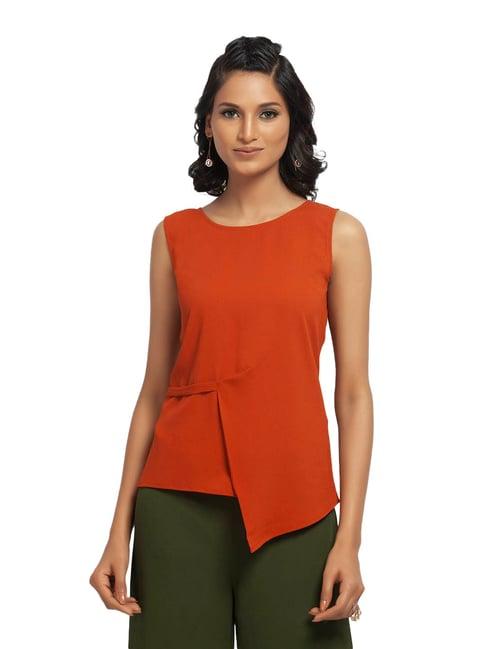 office & you orange straight fit top with drape at waist