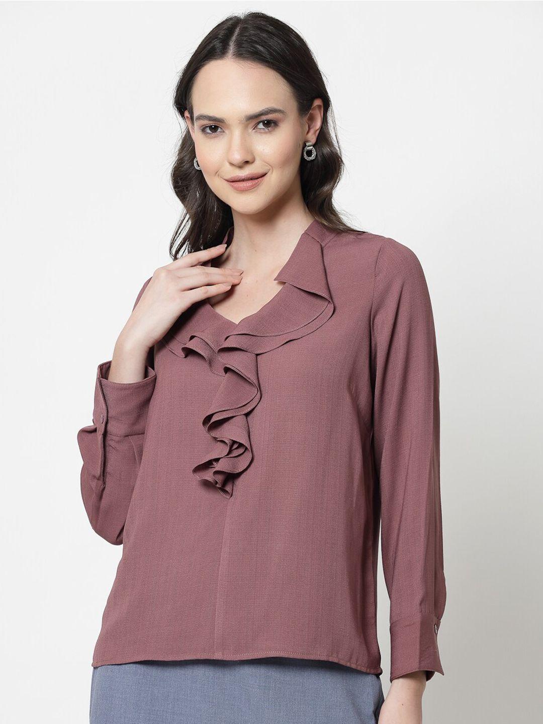 office & you v-neck cuffed sleeves ruffled top