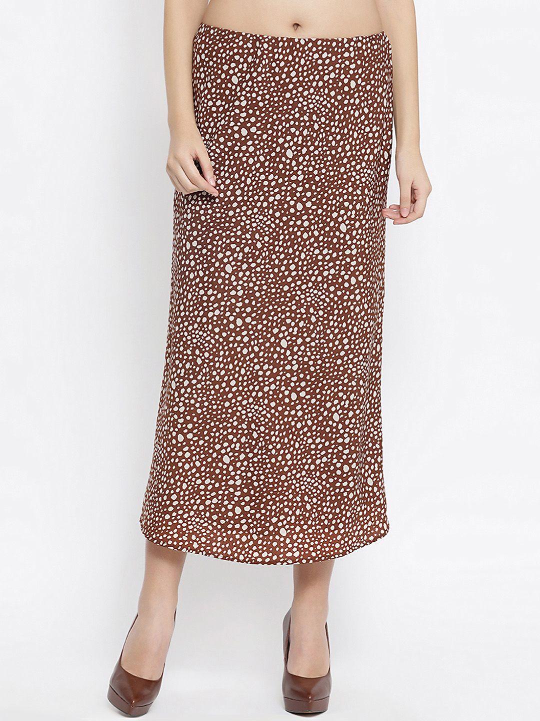 office & you women brown & white animal printed straight midi skirt