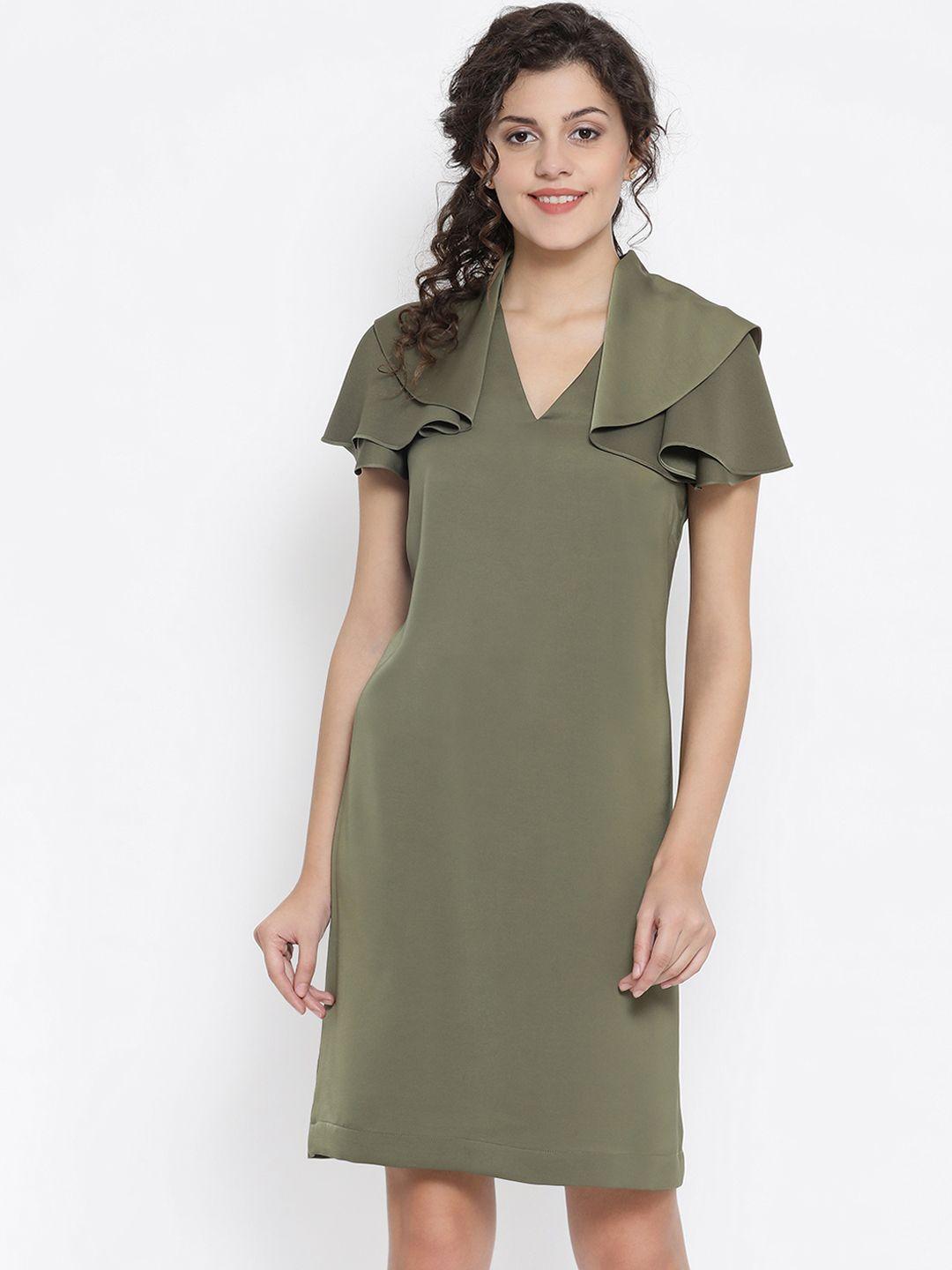 office & you women olive green solid sheath dress