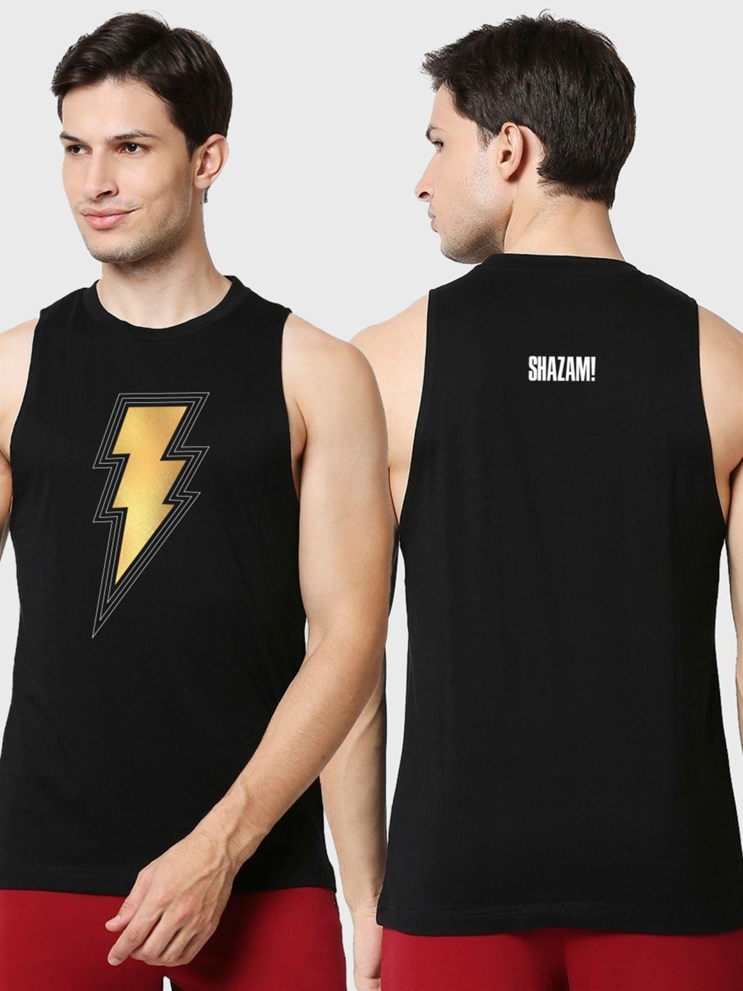 official dc merchandise men's black shazam logo graphic printed oversized vest
