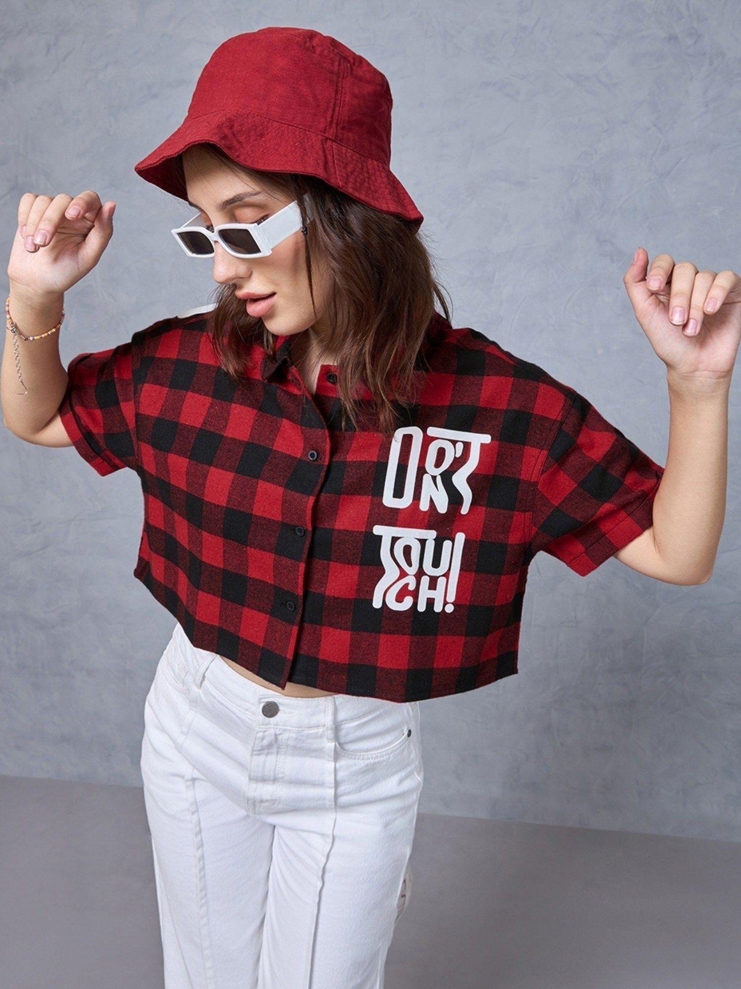 official disney merchandise womens red & black mickey checked oversized crop shirt