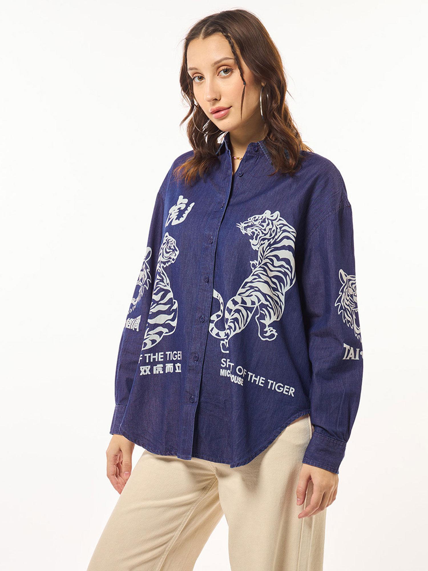 official disney women's blue spirit of tiger graphic printed oversized shirt