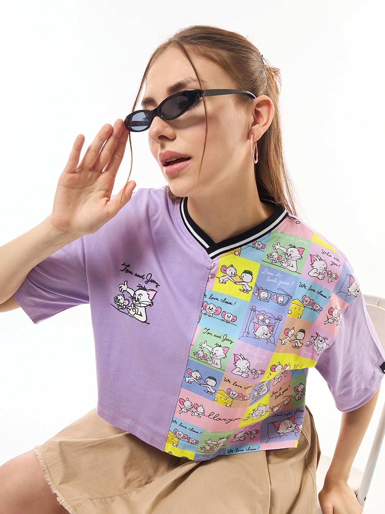 official tom and jerry merchandise women's purple graphic oversized crop t-shirt