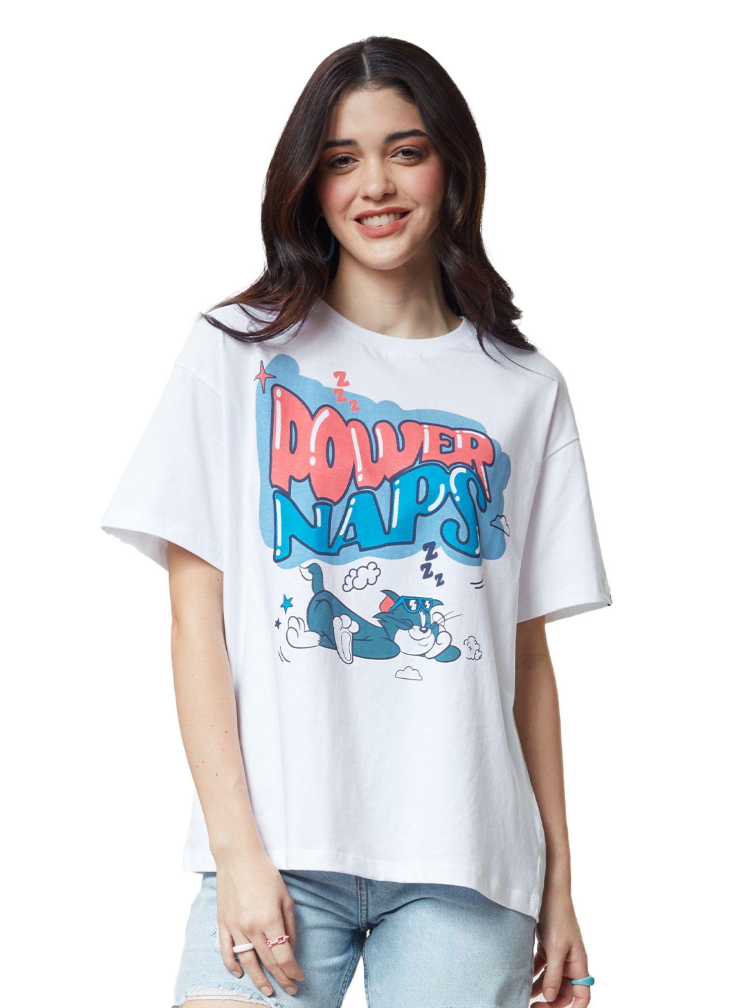 official tom and jerry power nap cotton women oversized t-shirt