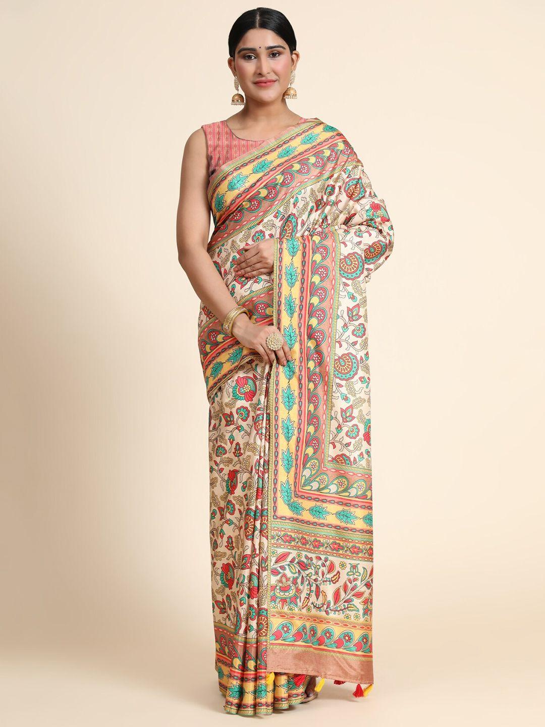 offira tex world beige & blue floral linen blend chanderi saree