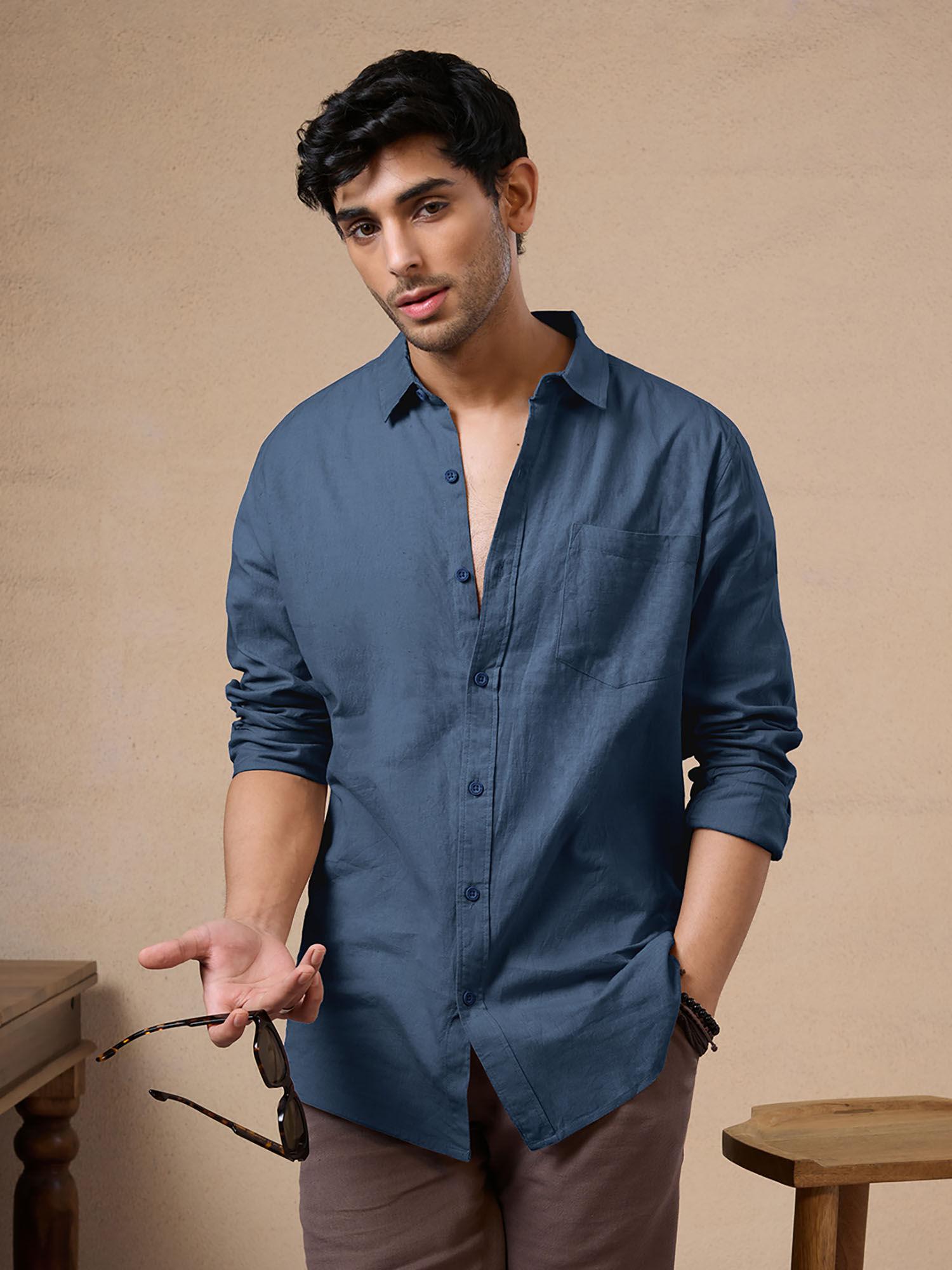 oiginal solid blue cotton linen shirt for men