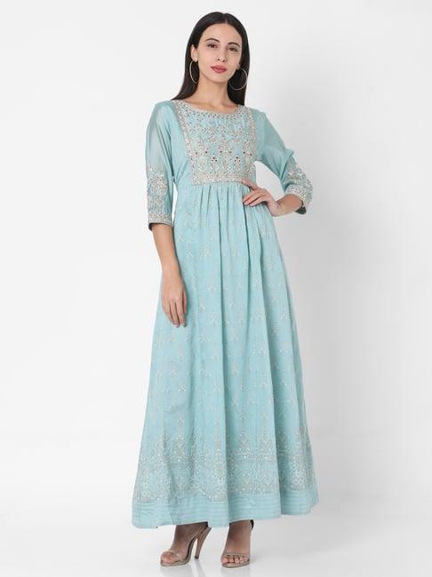 ojas design blue embroidered a line kurta