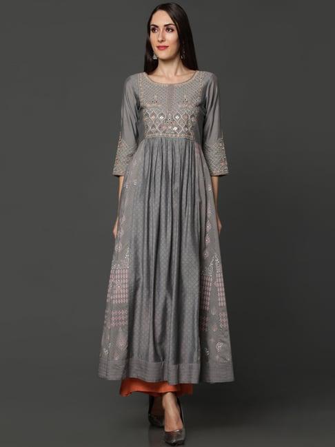 ojas design grey embroidered a line kurta