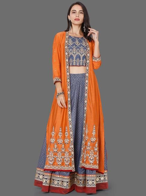 ojas design orange & grey embroidered lehenga choli set with jacket