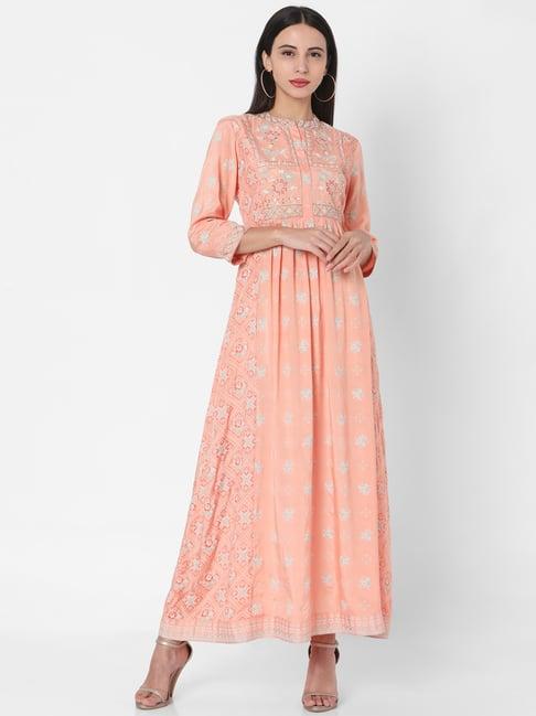 ojas design peach embroidered a line kurta