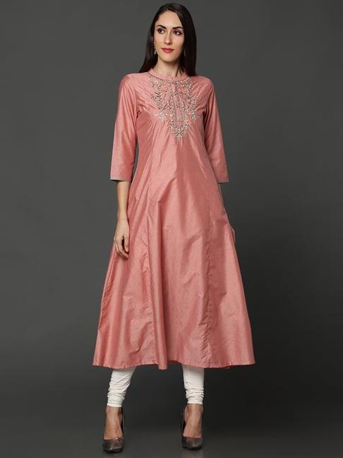 ojas design peach embroidered a line kurta