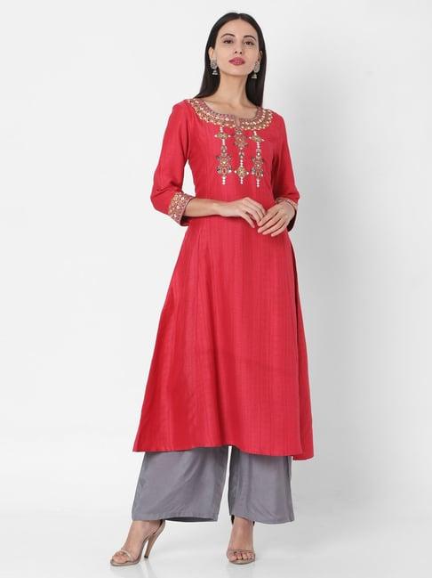 ojas design red & grey linen embellished kurta palazzo set