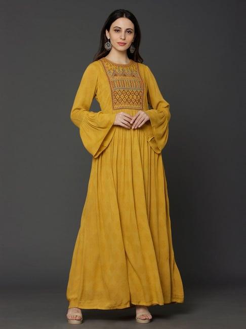 ojas design yellow embroidered a line kurta