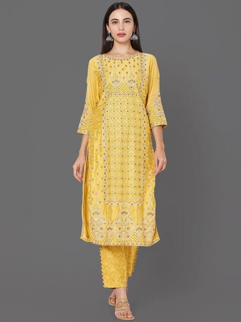 ojas design yellow embroidered kurta pant set