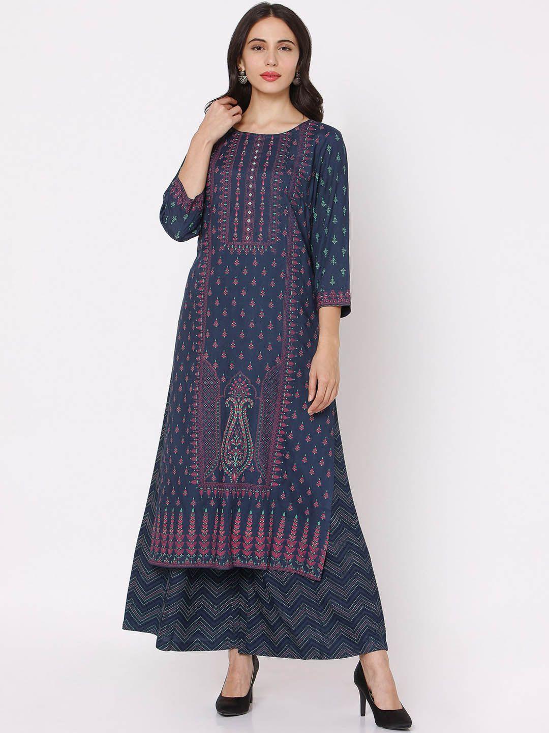 ojas designs women navy blue printed regular kurta with palazzos