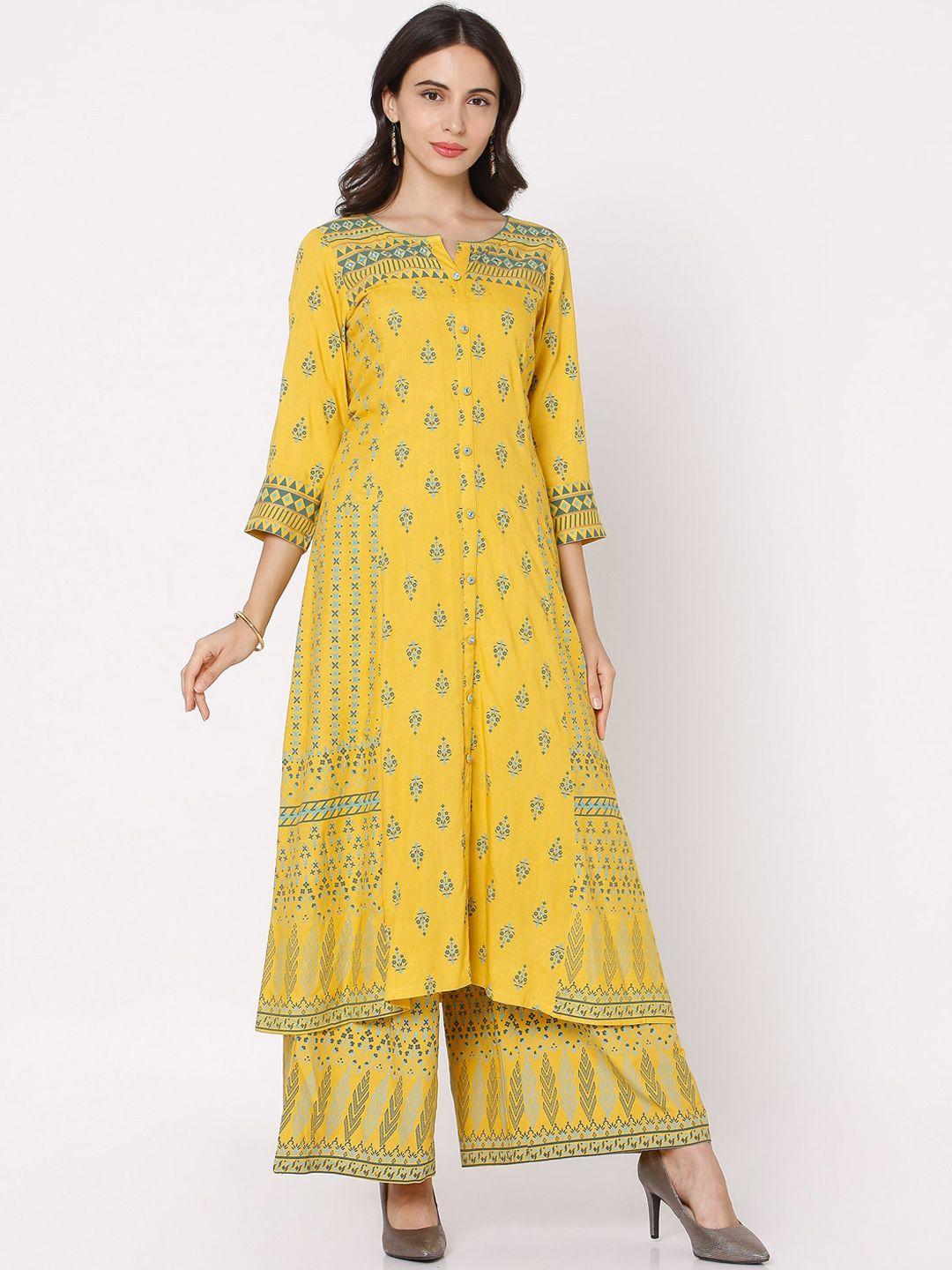 ojas designs women yellow ethnic motifs printed pleated kurta with palazzos