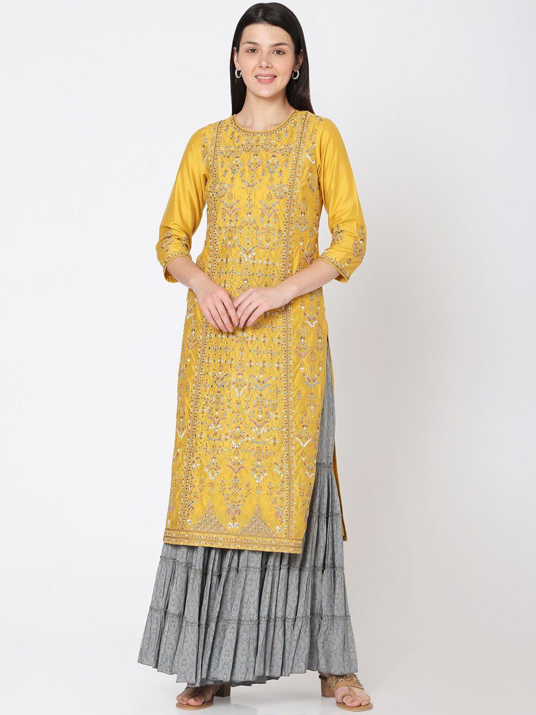 ojas designs women yellow floral printed regular chanderi silk kurti with sharara