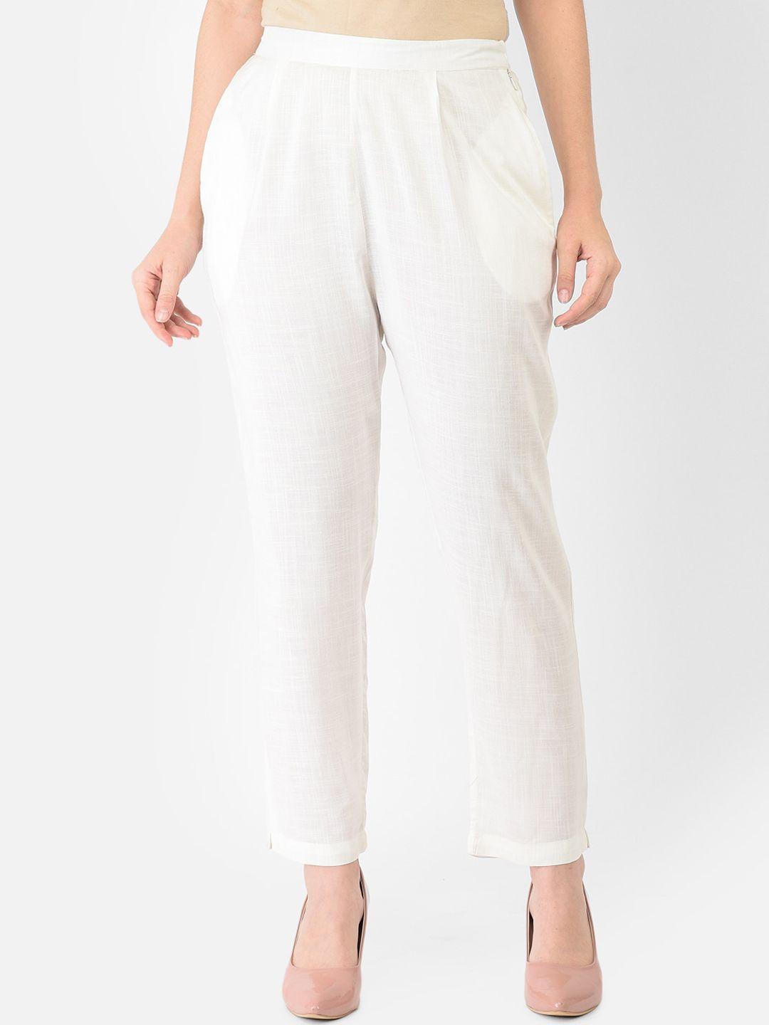 ojjasvi women off white comfort tapered fit pleated trousers