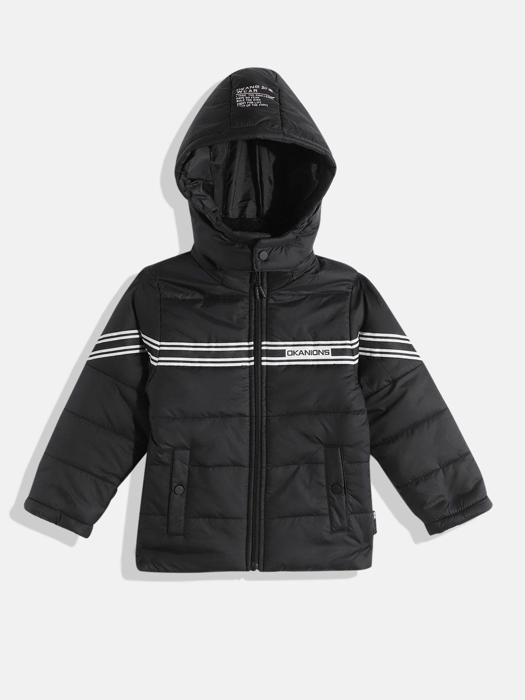 okane boys black & silver-toned brand logo striped detachable hooded padded jacket