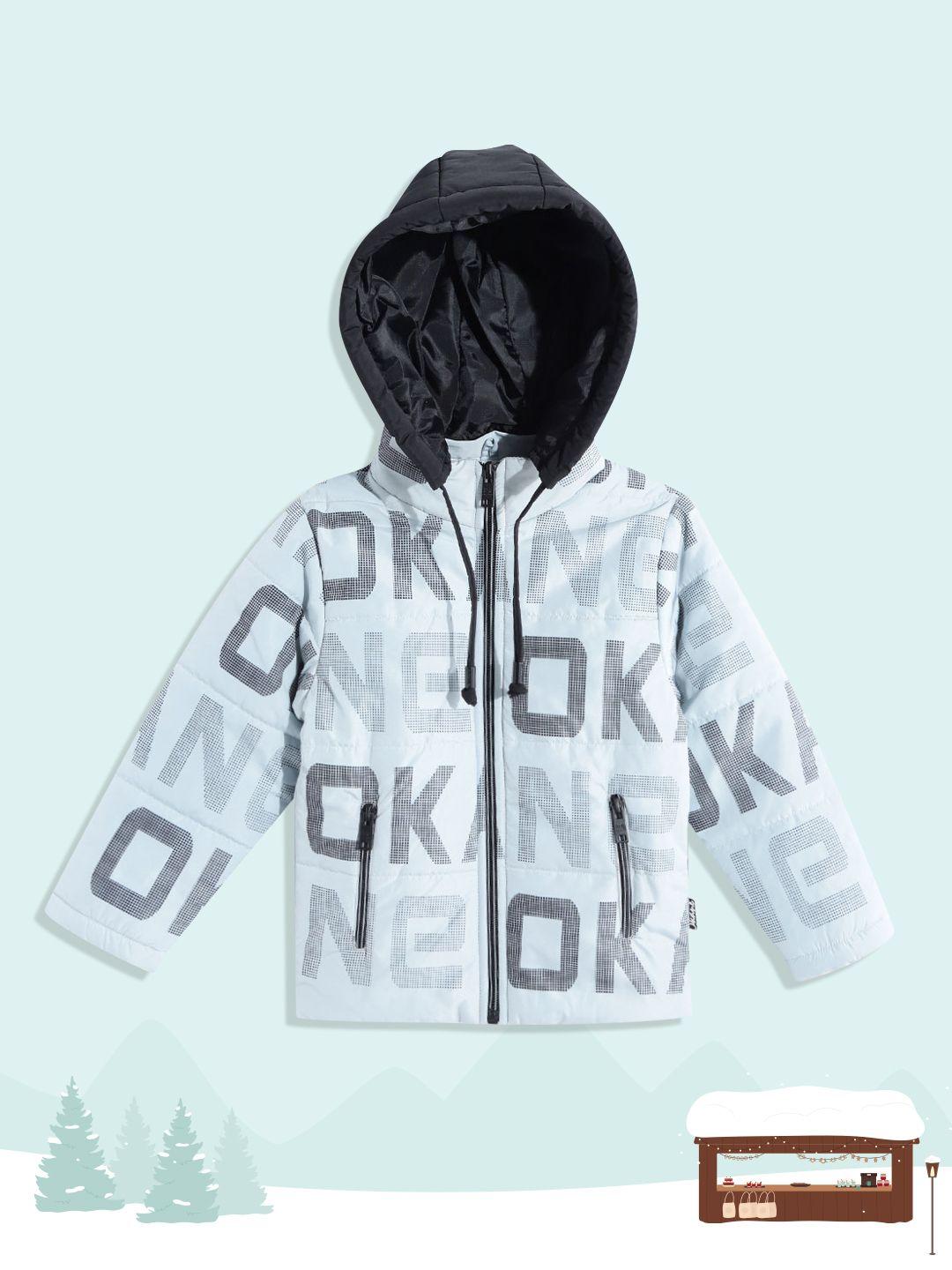 okane boys blue & black brand logo print detachable hood padded jacket