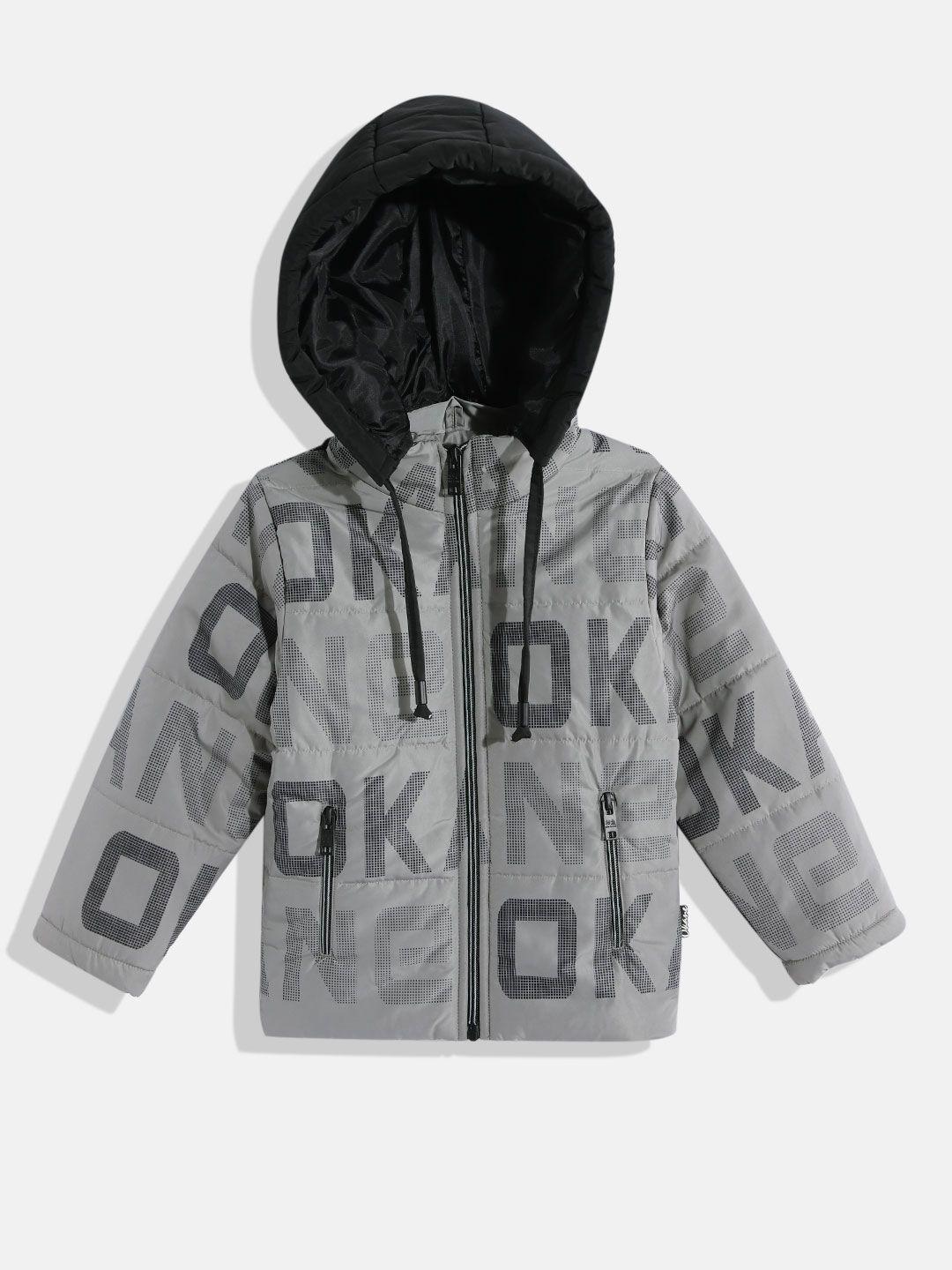 okane boys grey & black brand logo print detachable hooded padded jacket