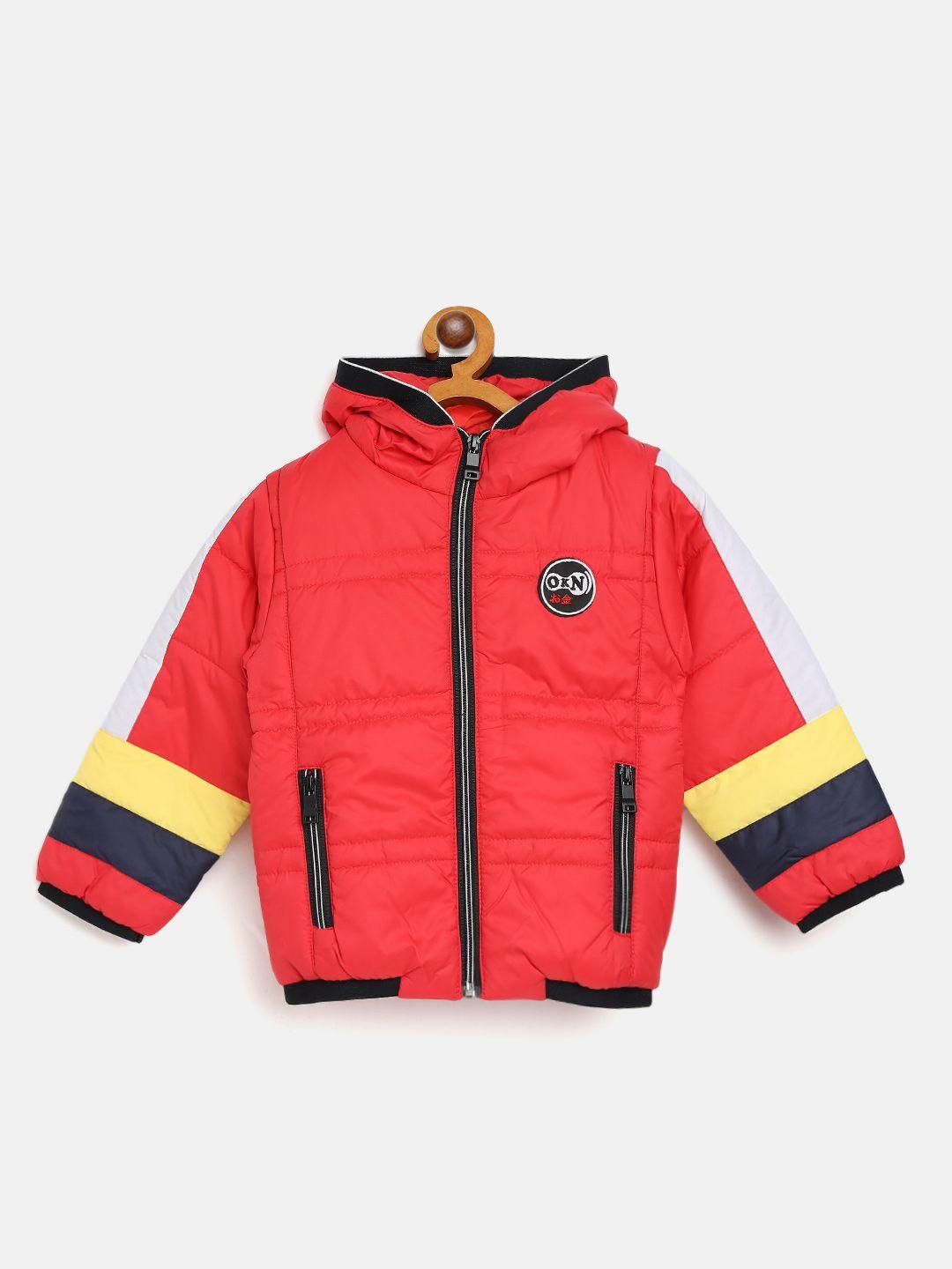okane boys red & white solid hooded bomber with patchwork detail