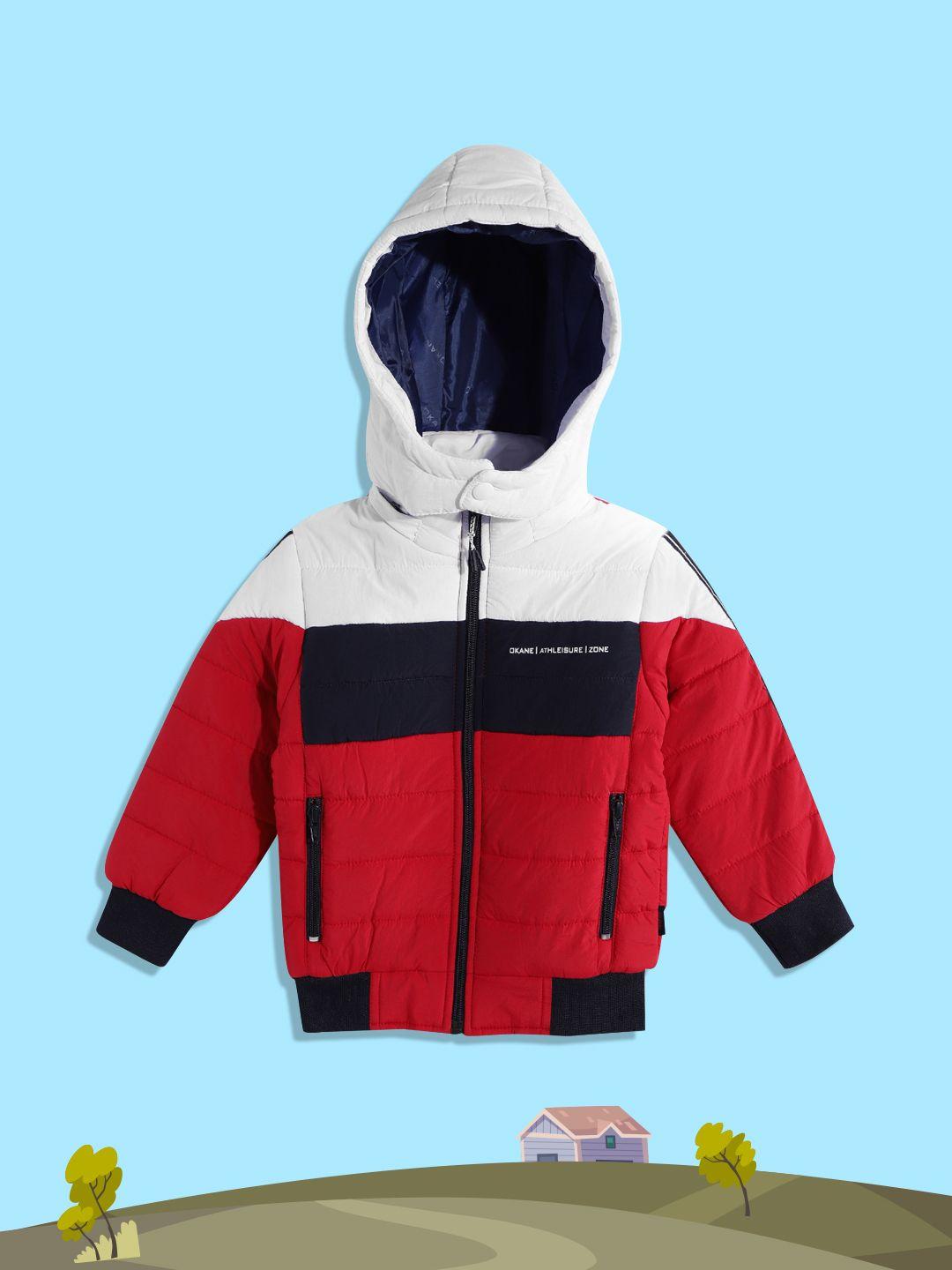 okane boys red & white striped detachable hood bomber jacket