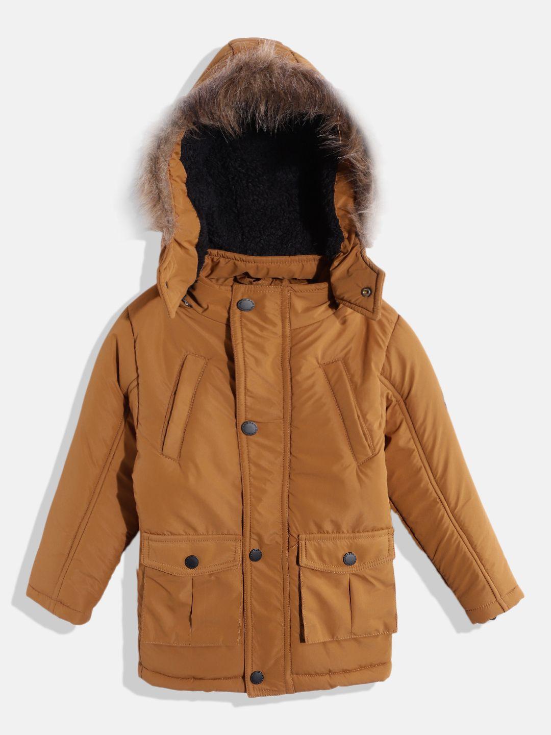 okane boys tan brown solid detachable hooded parka jacket