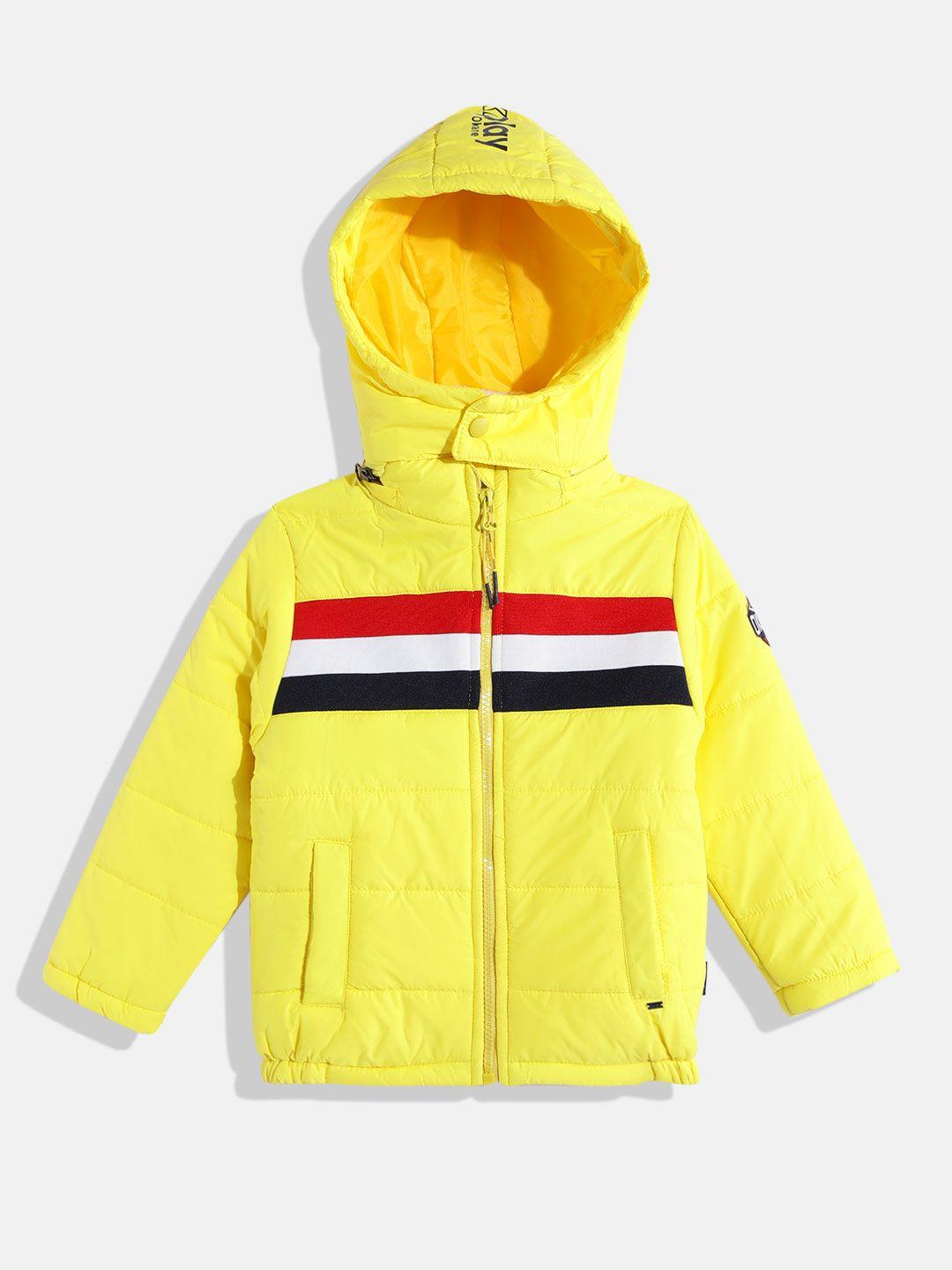 okane boys yellow & red striped detachable hooded padded jacket