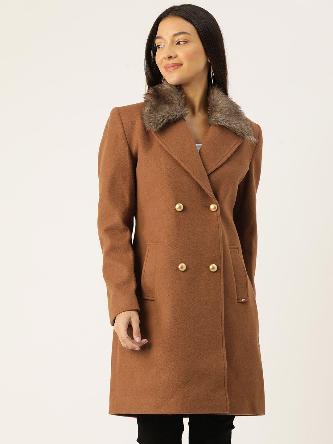 okane double-breasted detachable faux fur collar tweed overcoat