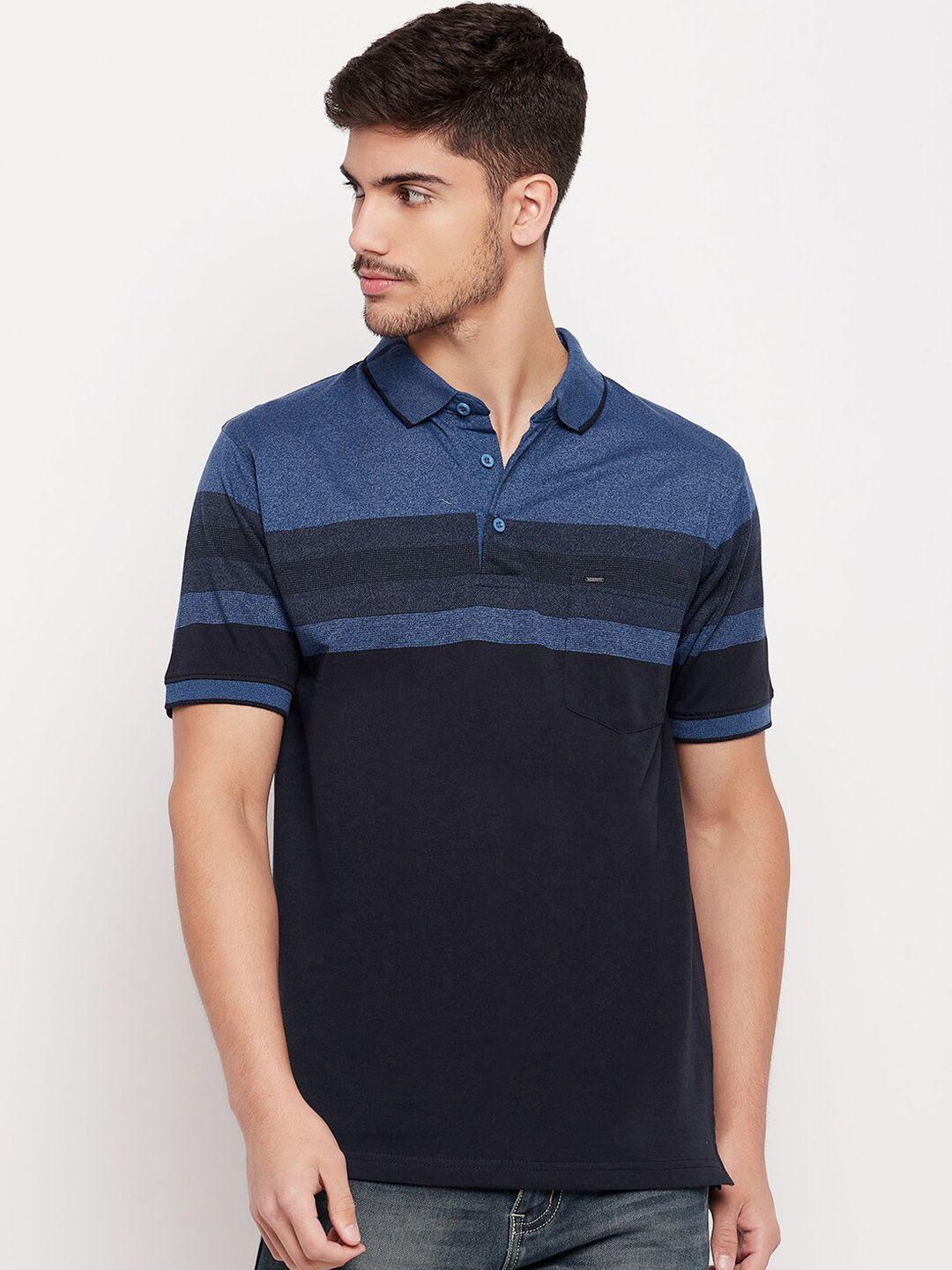 okane men navy blue striped polo collar pockets t-shirt