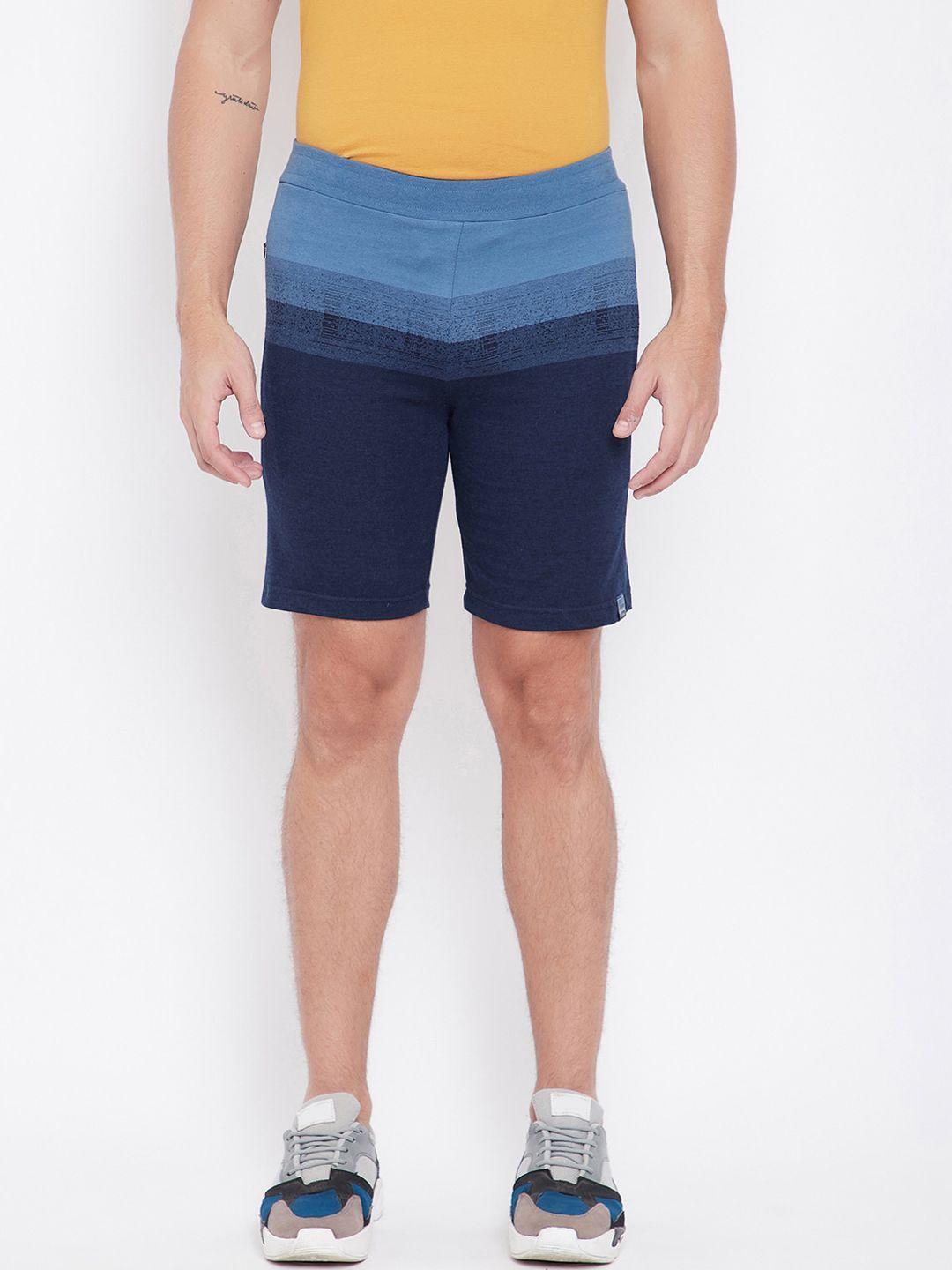 okane men navy blue striped regular fit sports shorts