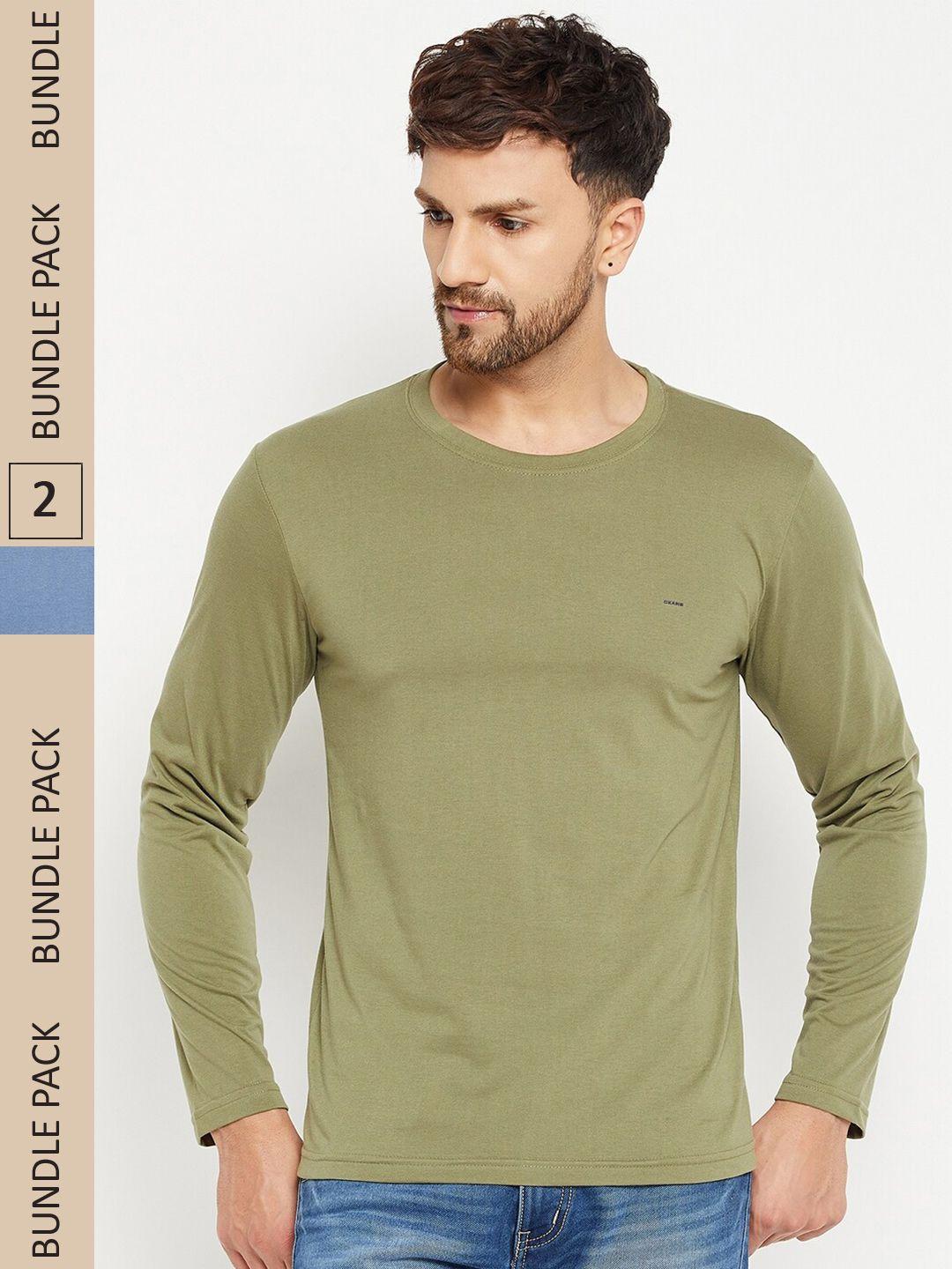 okane men pack of 2 olive green & blue round neck cotton t-shirt