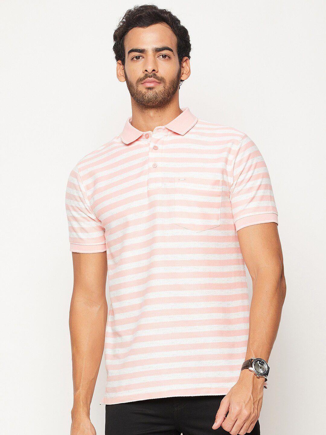 okane men pink & white striped polo collar t-shirt